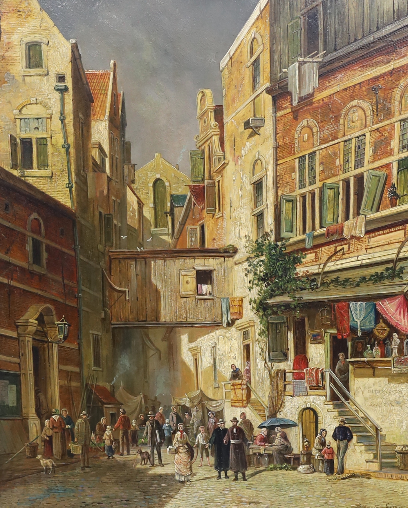 Van der Loiz, oil on panel, Street scene with market sellers, signed, indistinctly inscribed lower right, 60 x 49cm